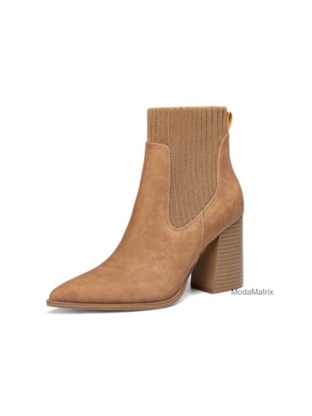 Faux Leather Sock Booties Pointed Toe Chunky Stacked Heel Knit Chelsea Winter